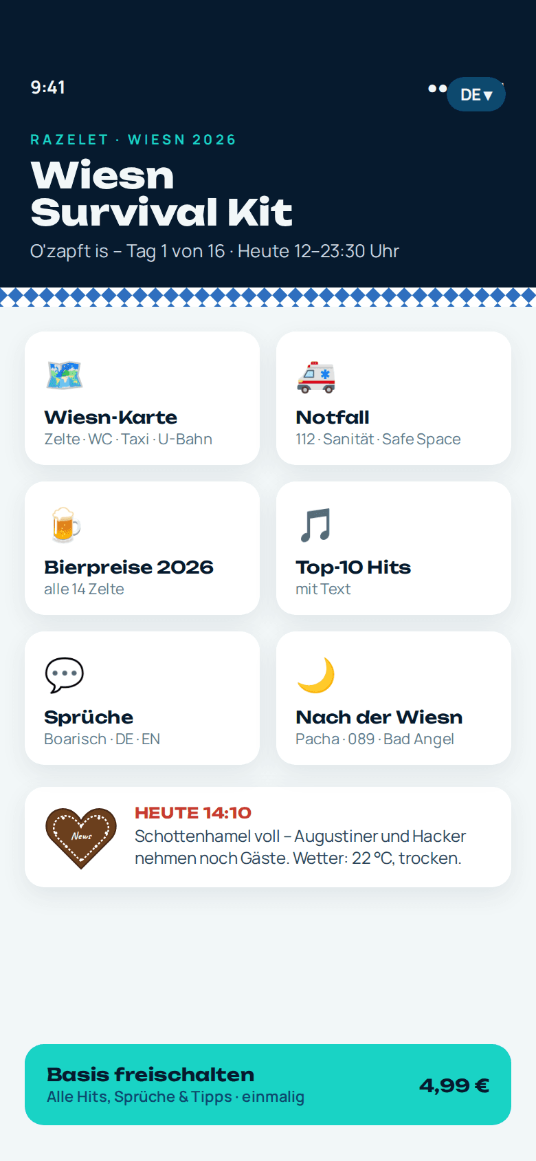 Home screen of the Wiesn Survival App